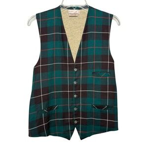 Vintage 70s Plaid Sweater Vest Size 44 = Small Med Green Tan Wool Cotton Jantzen